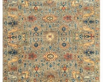 May include: A rectangular area rug with an intricate floral pattern in shades of brown, blue, red, and yellow. The rug features a central medallion design and a detailed border, creating a traditional aesthetic.