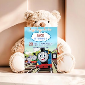 May include: A birthday invitation featuring a blue train with a smiling face, the text "JACK IS TURNING 4", and event details. The invitation is set against a light blue sky background with the text "chugga-chugga choo-choo" at the top.