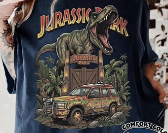 Camiseta retro de Jurassic Park, camiseta de la puerta del dinosaurio T-Rex, camiseta del vehículo del tour de la película, viaje a las Islas de la Aventura, camisetas clásicas de dinosaurios de Jurassic Park
