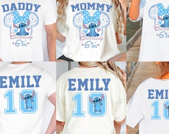 Personalization Stitch Birthday Shirts, Mom Daddy Of The Birthday Girl Graphic Tee, Custom Name Stitch Birthday Family Matching Vacation