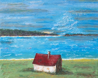 Impresión artística de paisaje marino de cabaña irlandesa, paisaje de granja, firmada