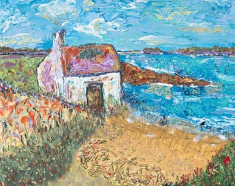 Impresión artística de cabaña con paisaje marino irlandés, pintura de paisaje costero, pintura de paisaje marino irlandés, decoración de pared costera, arte rural irlandés, pintado a mano,
