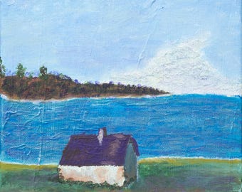 Lámina artística de una cabaña costera irlandesa, pintura de paisaje costero, hecha en Irlanda, decoración de cabañas, pintura de una casa de campo costera