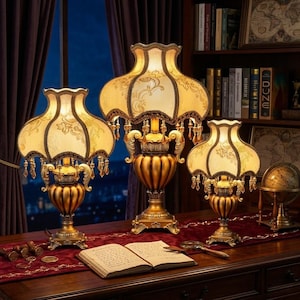 Victorian Style Table Lamp in 3 Sizes, Ornate Gold Bedside Light with Fringe Shade, Antique Retro Desk Lamp, Elegant Bedroom Home Decor Set