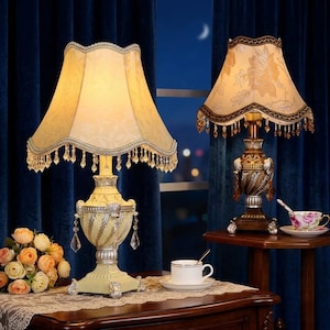 Vintage Victorian Table Lamp Beaded Fringe Floral Shade Crystal Drop Ornate Base Romantic Bedroom Nightstand Light Classic French Decor