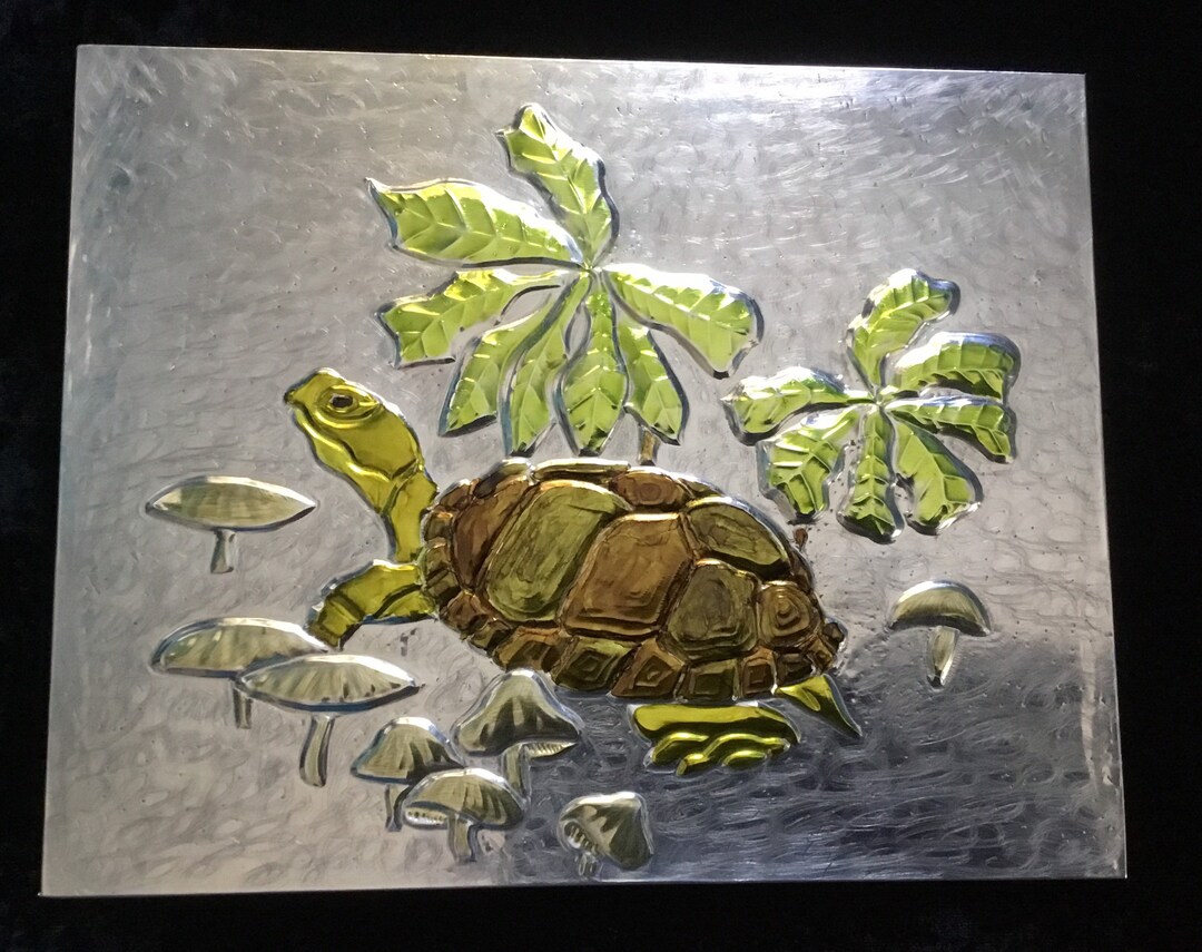 Aluminum Metal Wall Decor Featuring Embossed Turtle and Mushrooms ...