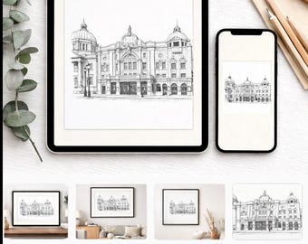 His Majesty's Theatre, Aberdeen, Scotland | Sketch Print | Edwardian Theatre Line Drawing | Printable Wall Art | Digital Download