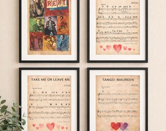 RENT Musical Wall Art Bundle (Set of 4) | Vintage Sheet Music Prints | Theatre Decor | Seasons of Love Lyrics | Digital Download