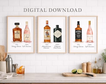 His & Hers Drinks Print Set | Funny Couples Wall Art | Bar Cart Decor | Alcohol Watercolor Prints | Gift for Couples | Printable Wall Art