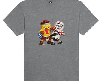 Scottish vs English Beer T Shirt – Funny Lager Boxing Graphic Tee – Clash of the Cans Pub Shirt – UK Banter Gift for Him