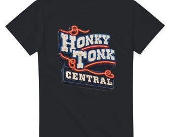 Honky Tonk Central T-Shirt | Vintage Country Music Tee | Retro Western Neon Sign Shirt | Nashville Cowboy Graphic Gift