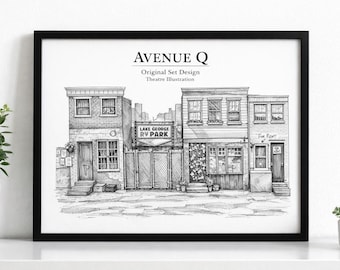 Avenue Q Set Design Print | Musical Theatre Illustration | Broadway Stage Artwork | Black & White Architecture Sketch | Digital Download