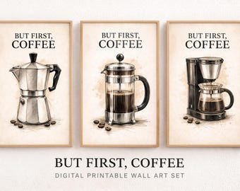 Coffee Brewing Methods Wall Art Set – Moka Pot, French Press, Drip (Digital Download)