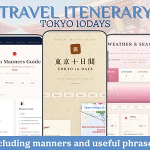Pode incluir: Três telas de smartphone exibindo um itinerário de viagem digital para Tóquio. A interface apresenta seções para um guia de etiqueta no Japão, um plano de viagem de 10 dias para Tóquio e informações meteorológicas com guias sazonais.