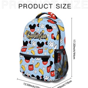 May include: A light blue backpack featuring a pattern of Mickey Mouse heads, gloves, and shorts. The backpack has a black mesh side pocket and a red and yellow handle. The name "CHRISTIAN" is printed on the front. The backpack is 17.32 inches (44cm) tall, 12.59 inches (32cm) wide, and 5.90 inches (15cm) deep.