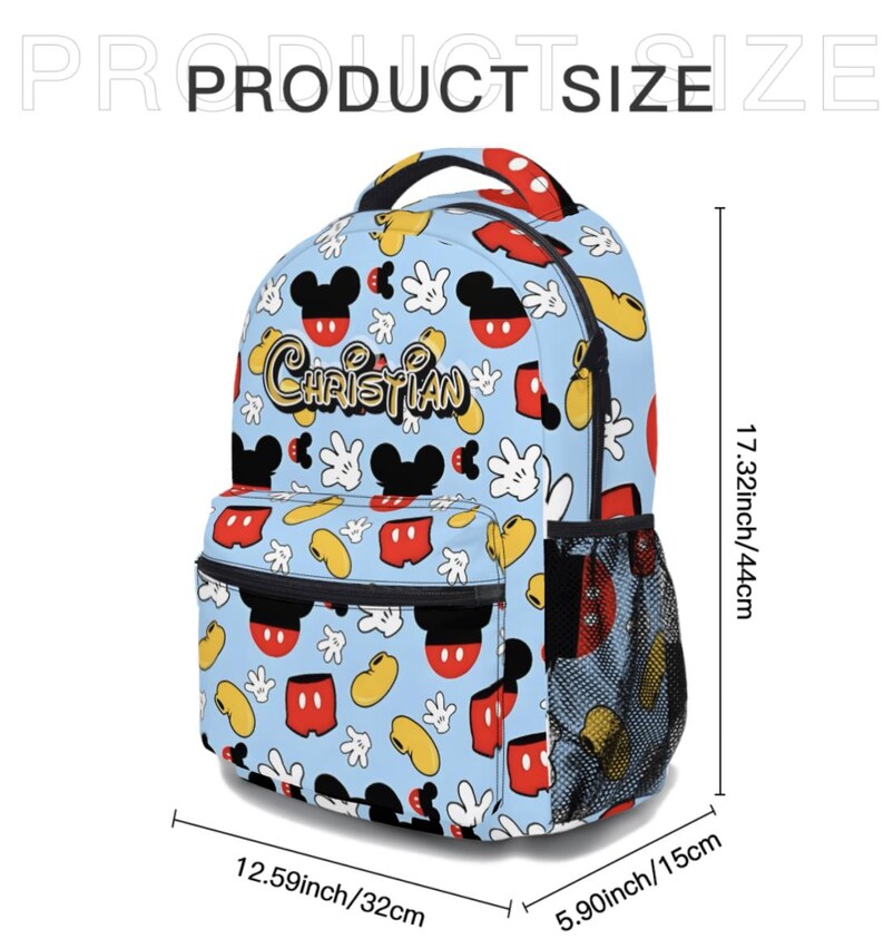 May include: A light blue backpack featuring a pattern of Mickey Mouse heads, gloves, and shorts. The backpack has a black mesh side pocket and a red and yellow handle. The name "CHRISTIAN" is printed on the front. The backpack is 17.32 inches (44cm) tall, 12.59 inches (32cm) wide, and 5.90 inches (15cm) deep.
