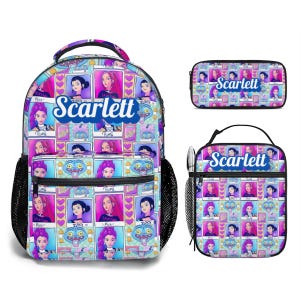 May include: A matching set of school supplies featuring a backpack, pencil case, and lunch bag. The items are decorated with a repeating pattern of cartoon portraits and the name "Scarlett" in a blue font.