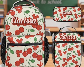 Personalized Mickey cherry 17in Backpack Bundle with Matching Lunch Bag, Custom Disney cherries Backpack Set
