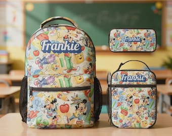 Personalized Mickey,Minnie and Friends 17in Backpack Set with Matching Lunch Bag, Custom Disney Backpack Bundle