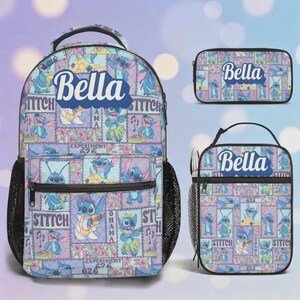 May include: A matching set of a backpack, lunch bag, and pencil case, decorated with a Stitch design. Each item features the name "Bella". The backpack has black mesh side pockets and a top handle. The set is ideal for school.