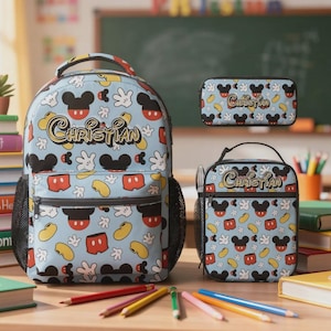 May include: A light blue backpack, pencil case, and lunch bag set featuring a Mickey Mouse pattern. The set includes a backpack with a front pocket and side mesh pockets, a pencil case, and a lunch bag. The name "Christian" is printed on each item.