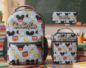 Personalized Mickey Mouse 17in Backpack Bundle with Matching Lunch Bag, Custom Disney Backpack Set