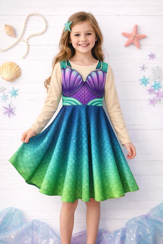 Mermaid Kid's Long Sleeve Dress , Little Mermaid Costume, Disney Princess  Rundisney Outfit - Etsy