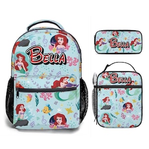 Custom Disney Princess Ariel Backpack Bundle, 17in Little Mermaid School Bag Set with Lunch Bag Black