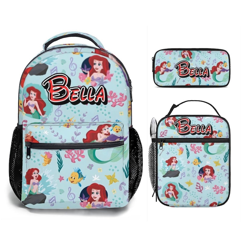 Custom Disney Princess Ariel Backpack Bundle, 17in Little Mermaid School Bag Set with Lunch Bag Black