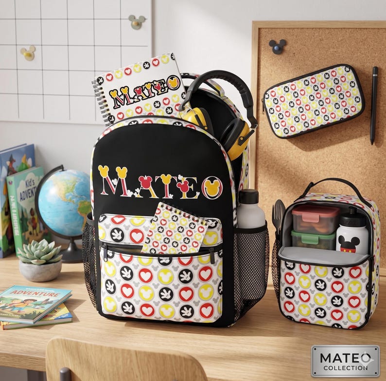 Op de afbeelding: Zwarte rugzak, lunchtas en etui set met een Mickey Mouse-thema patroon van harten en Mickey Mouse-hoofden. De rugzak heeft de naam "MATEO" in kleurrijke letters. Inclusief een waterfles en koptelefoon.