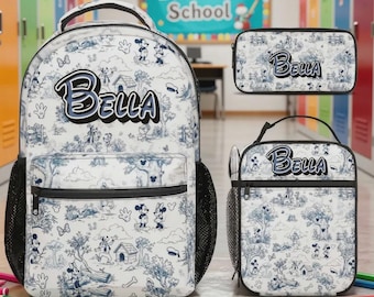 Personalized Mickey and Friends 17in Backpack Bundle with Matching Lunch Bag, Custom Disney Toile de jouy Backpack Set