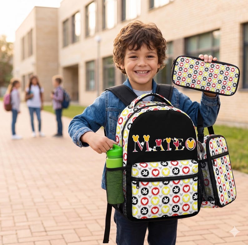 Op de afbeelding: Een zwarte en witte rugzak, lunchtas en etui set met een kleurrijk hart- en Mickey Mouse patroon. De rugzak heeft de naam "Mateo" erop geborduurd. Een groene waterfles zit in de zijzak.