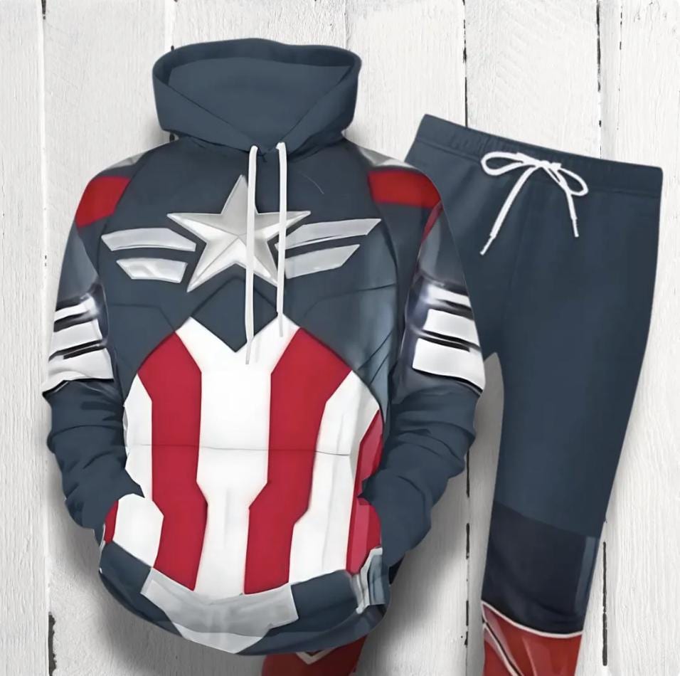 Discover Captain America Cosplay Hoodie and Joggers Set, Steve Rogers Marvel Superhero Tracksuit