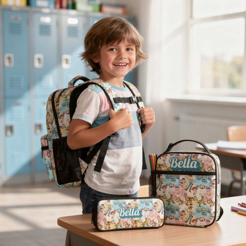 Puede incluir: Una mochila, una bolsa de almuerzo y un estuche con un estampado colorido de personajes de Toy Story. Cada art&iacute;culo est&aacute; personalizado con el nombre Bella en una etiqueta rectangular azul. La mochila tiene correas negras y bolsillos.