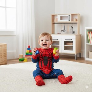 May include: A baby in a Spider-Man costume sits on a white rug, holding colourful wooden blocks. The red and blue jumpsuit has a black spider emblem. A wooden toy kitchen set is in the background.