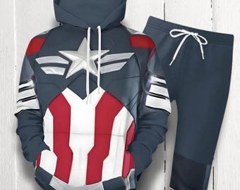Captain America Costume Pullover Hoodie and Pants Set, Sam Wilson Cosplay