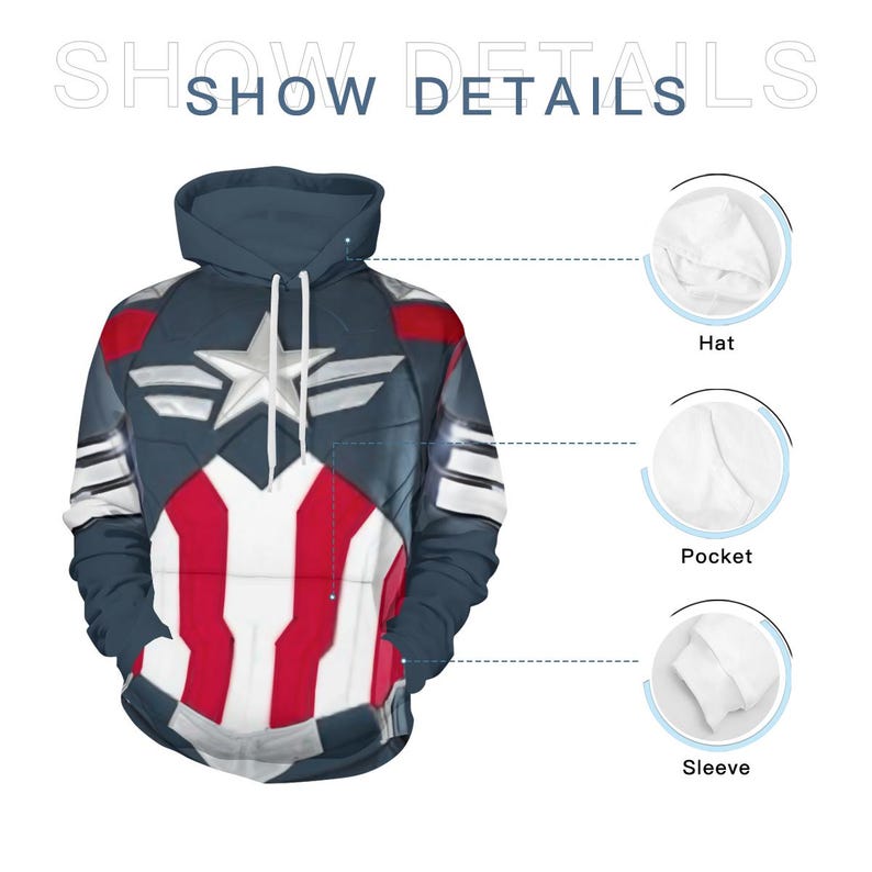 Captain America-kostuum-trui met capuchon en broek, Sam Wilson-cosplay afbeelding 6