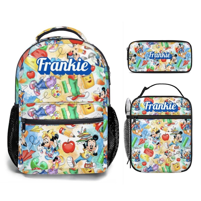Personalized Mickey Mouse 17in Backpack Bundle with Matching Lunch Bag, Custom Disney Backpack Set Black