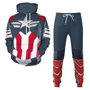 Captain America-kostuum-trui met capuchon en broek, Sam Wilson-cosplay White