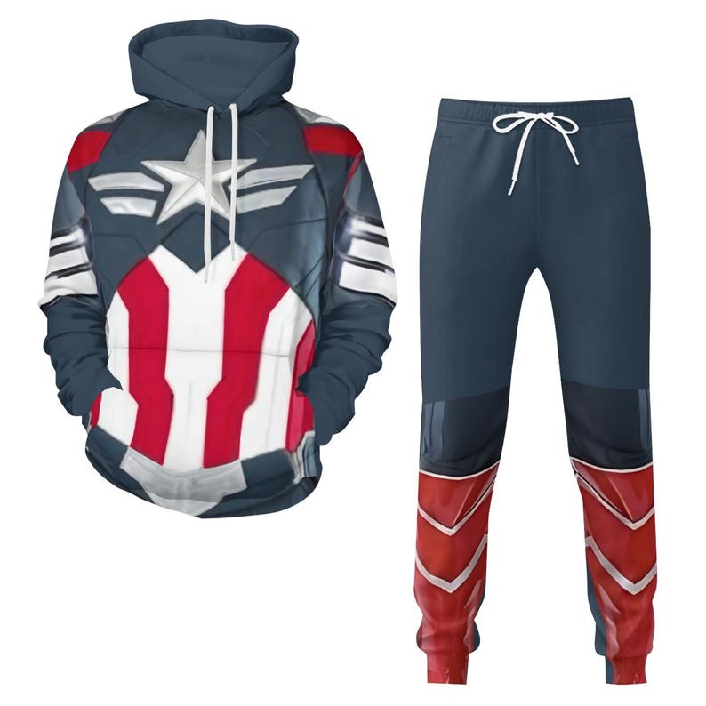 Captain America-kostuum-trui met capuchon en broek, Sam Wilson-cosplay White