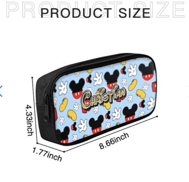 May include: A black pencil case with a blue background featuring Mickey Mouse heads, gloves, and beans. The name "CHRISTIAN" is printed in gold. The case measures 8.66 inches long, 4.33 inches high, and 1.77 inches wide.