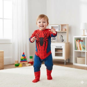 May include: A baby in a red, blue, and black Spider-Man jumpsuit. The costume has a spider emblem on the chest and covers the legs and feet. The child is standing on a white rug in a room with a toy kitchen and other toys.