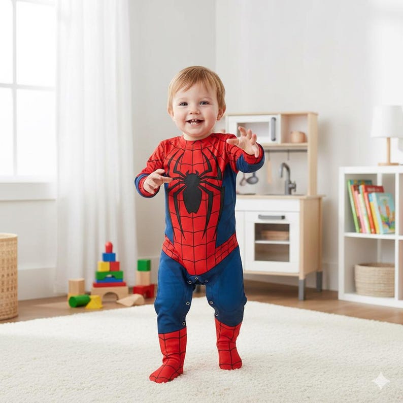 May include: A baby in a red, blue, and black Spider-Man jumpsuit. The costume has a spider emblem on the chest and covers the legs and feet. The child is standing on a white rug in a room with a toy kitchen and other toys.