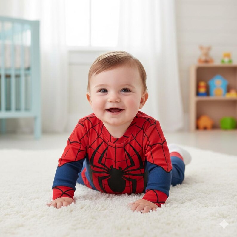 May include: A baby in a red and blue Spider-Man outfit, crawling on a white carpet. The costume has a black spider design on the chest and blue sleeves. The baby is smiling.