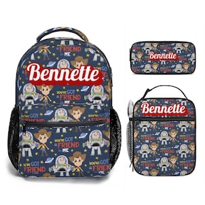 Personalized Toy Story 17in Backpack Bundle with Matching Lunch Bag, Custom Disney Backpack Set Black