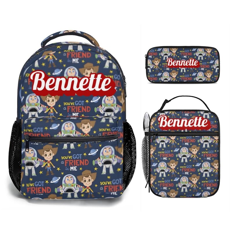 Personalized Toy Story 17in Backpack Bundle with Matching Lunch Bag, Custom Disney Backpack Set Black