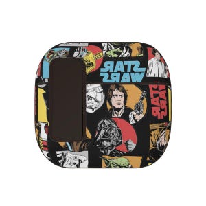 May include: A black and multi-coloured case featuring Star Wars characters and logos. The design includes images of Darth Vader, Yoda, and Han Solo, with the Star Wars logo in red and blue. The case has a dark brown pocket.