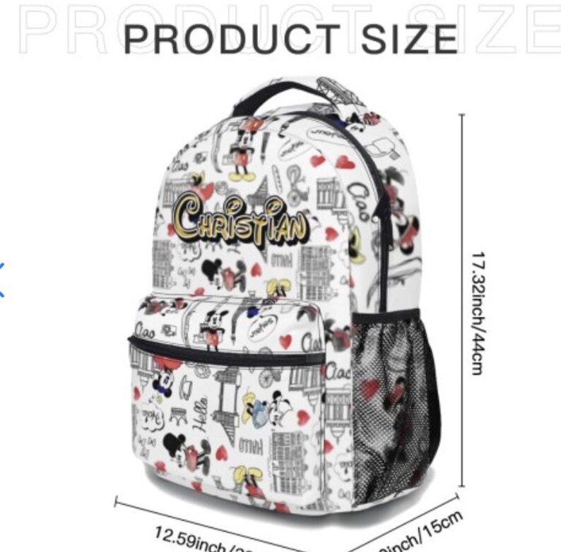 May include: White backpack with a repeating pattern of cartoon characters, hearts, and text. The backpack features the name "Christian" in gold lettering. It measures 17.32 inches (44 cm) high, 12.59 inches (32 cm) wide, and 5.9 inches (15 cm) deep.