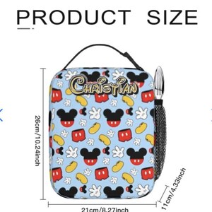 May include: A light blue lunch bag with a black handle, featuring a pattern of Mickey Mouse heads, gloves, and shorts. The bag is 10.24 inches tall, 8.27 inches wide, and 4.33 inches deep. The name "Christian" is printed on the bag.