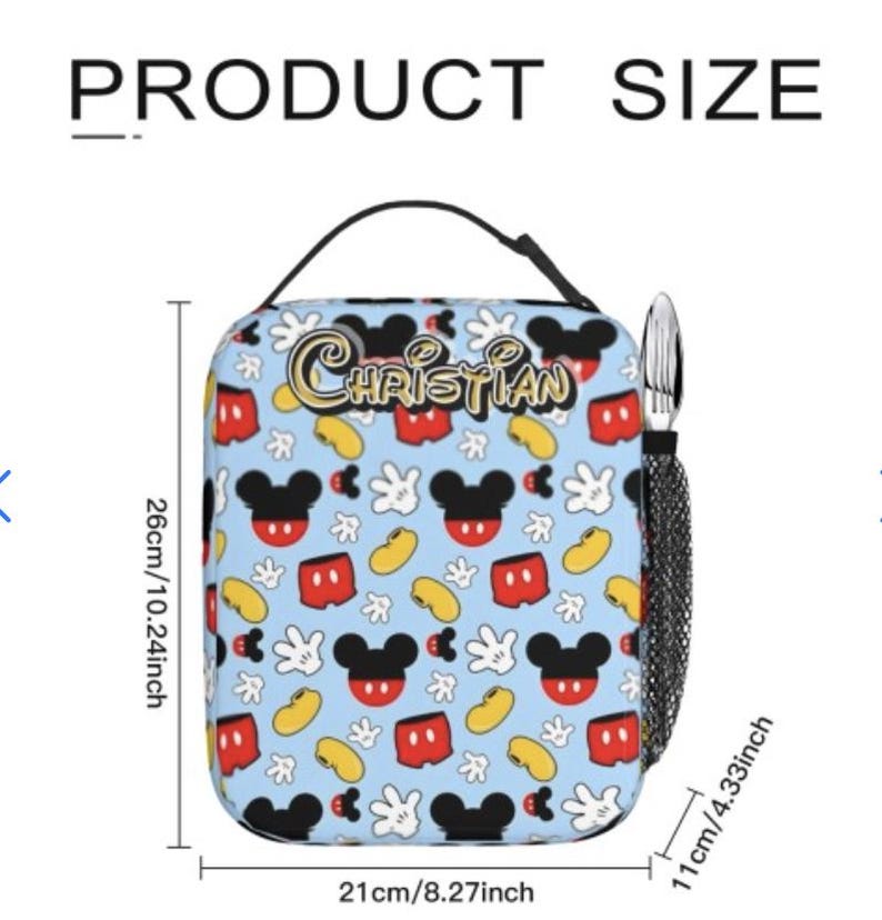May include: A light blue lunch bag with a black handle, featuring a pattern of Mickey Mouse heads, gloves, and shorts. The bag is 10.24 inches tall, 8.27 inches wide, and 4.33 inches deep. The name "Christian" is printed on the bag.